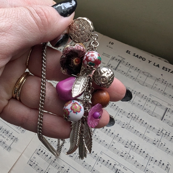 Eclectic Silver and Pink Charm Long Necklace - Picture 4 of 4